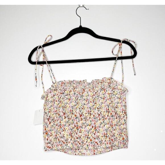 NWT Vero Moda Henna Tie Shoulder Smocked Floral Crop Top Women Birch Lilja SZ L - Picture 2 of 4
